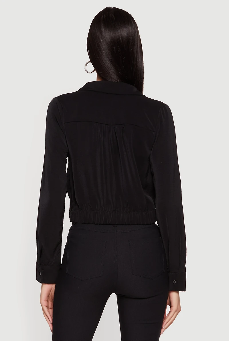 Crepe Knit Cropped Button Front Shirt