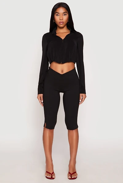 Womens Long Sleeve Hook and Eye Cropped Blouse, Black, Size S