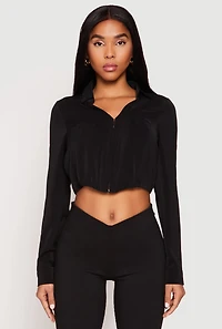 Womens Long Sleeve Hook and Eye Cropped Blouse, M