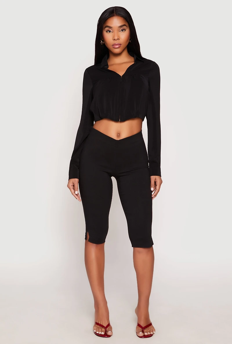 Womens Long Sleeve Hook and Eye Cropped Blouse, M