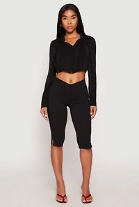 Womens Long Sleeve Hook and Eye Cropped Blouse, M