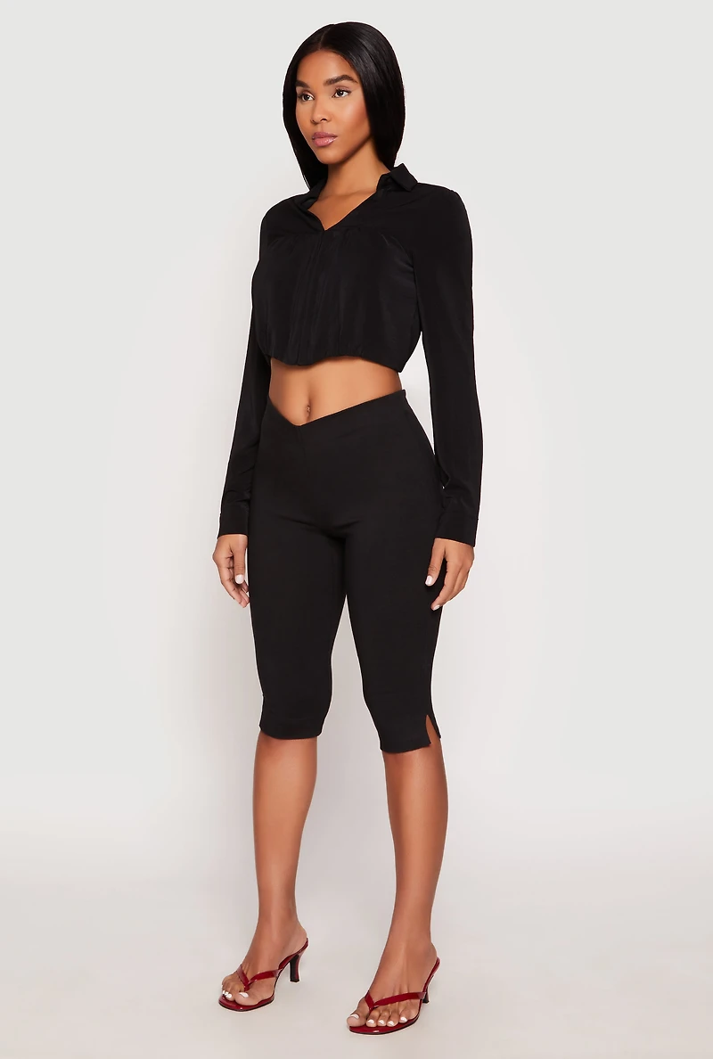 Womens Long Sleeve Hook and Eye Cropped Blouse, M