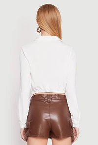 Womens Long Sleeve Hook and Eye Cropped Blouse, White, Size L