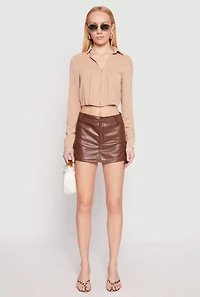 Womens Long Sleeve Hook and Eye Cropped Blouse, Beige, Size M