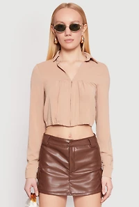 Womens Long Sleeve Hook and Eye Cropped Blouse, Beige, Size M