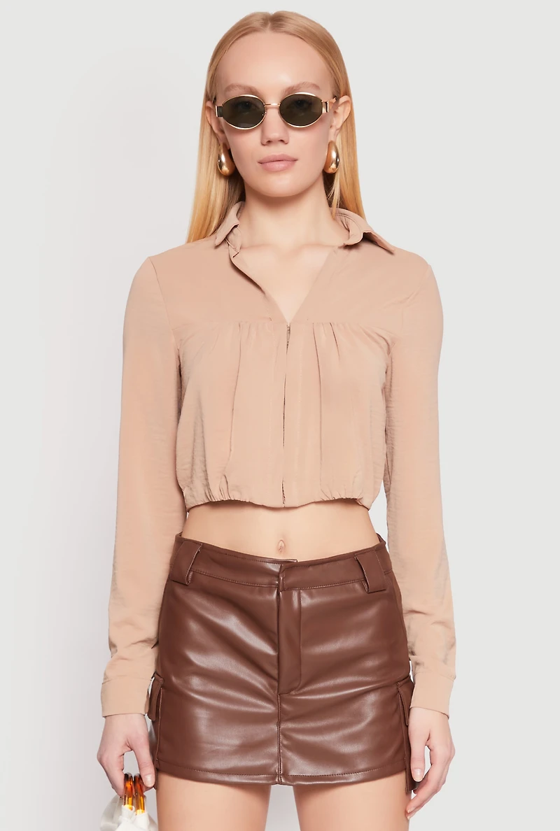 Womens Long Sleeve Hook and Eye Cropped Blouse,