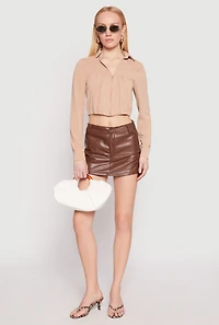 Womens Long Sleeve Hook and Eye Cropped Blouse, Beige, Size M