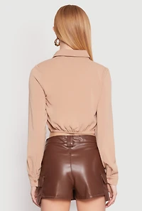 Womens Long Sleeve Hook and Eye Cropped Blouse, Beige, Size M