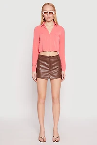 Womens Long Sleeve Hook and Eye Cropped Blouse,