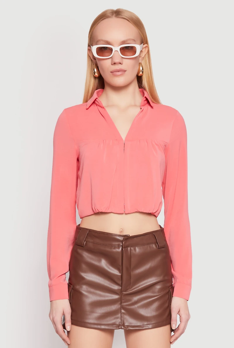 Womens Long Sleeve Hook and Eye Cropped Blouse,