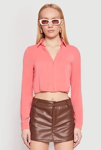 Womens Long Sleeve Hook and Eye Cropped Blouse,