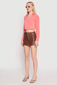 Womens Long Sleeve Hook and Eye Cropped Blouse,