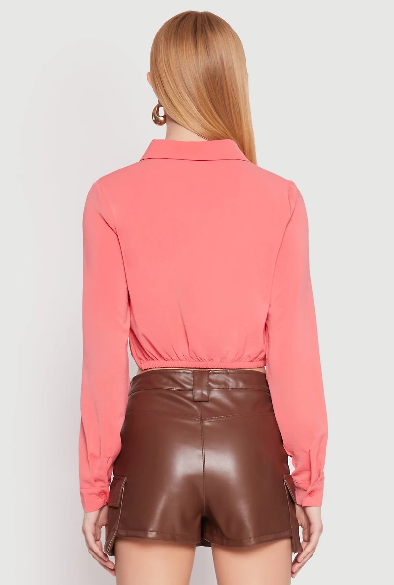 Womens Long Sleeve Hook and Eye Cropped Blouse,
