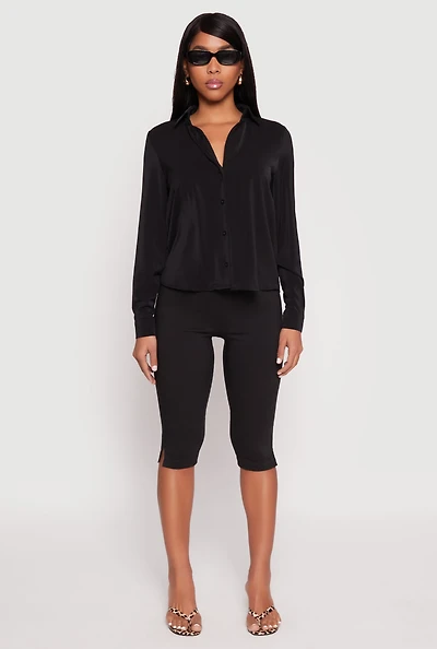 Womens Crepe Knit Button Front Shirt, Black, Size S