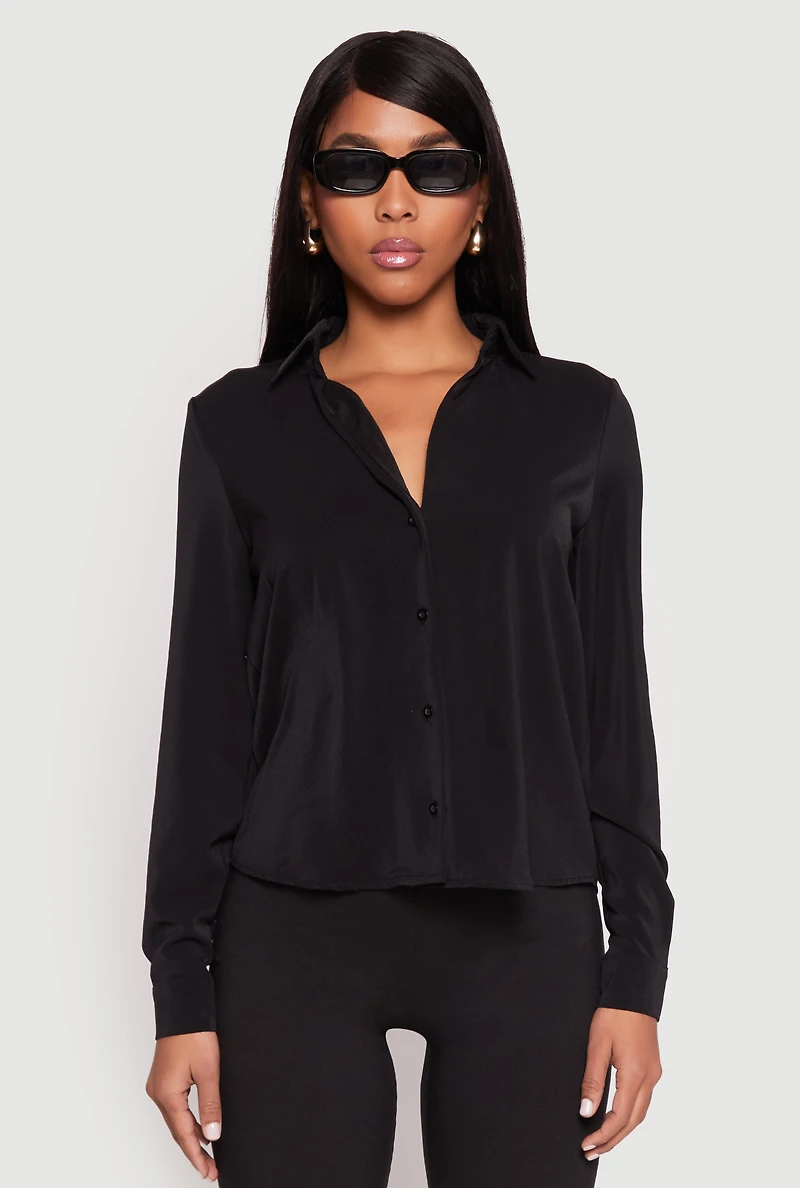 Womens Crepe Knit Button Front Shirt, Black, Size L