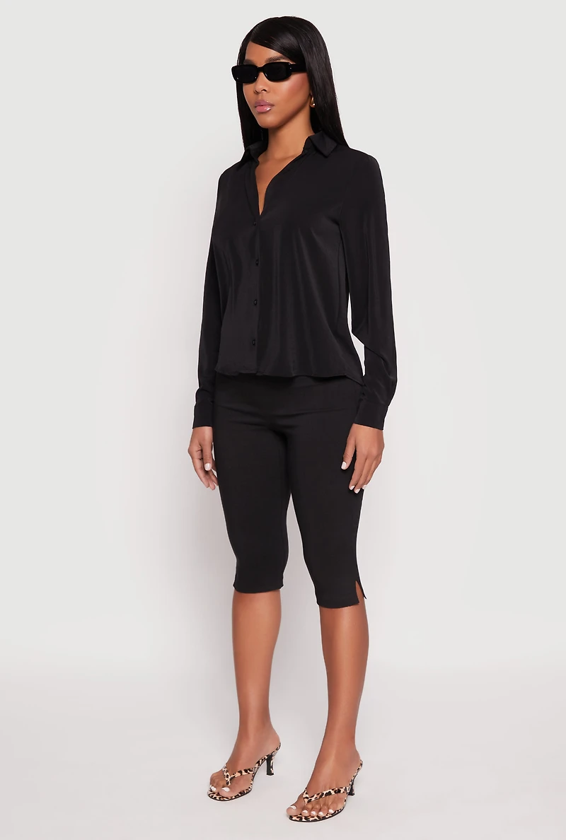 Womens Crepe Knit Button Front Shirt, Black, Size L
