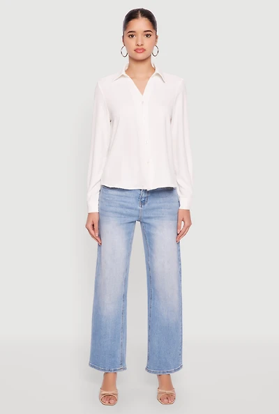 Womens Crepe Knit Button Front Shirt, White,