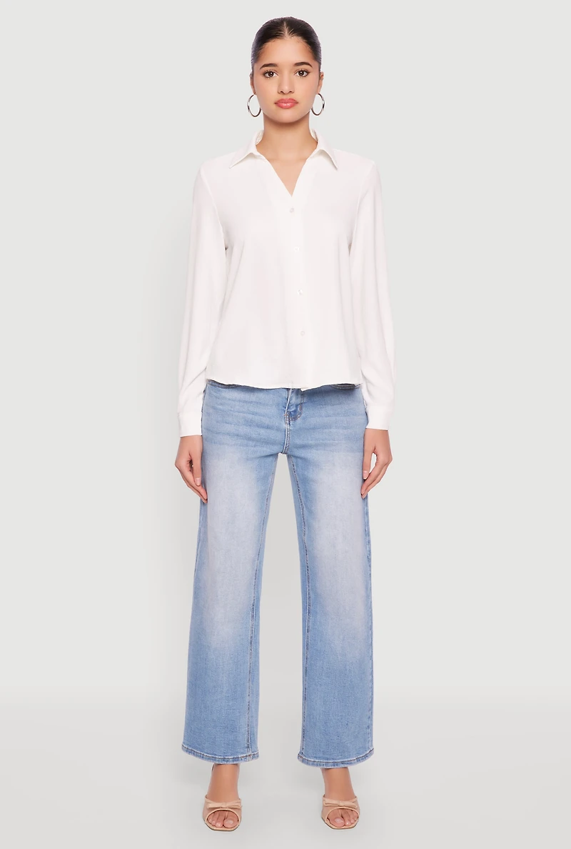Womens Crepe Knit Button Front Shirt, White, Size M