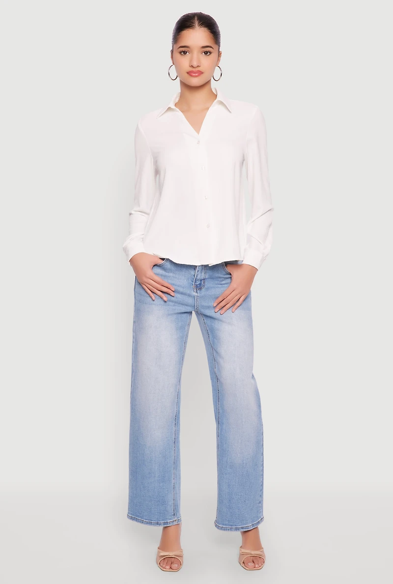 Womens Crepe Knit Button Front Shirt, White, Size S
