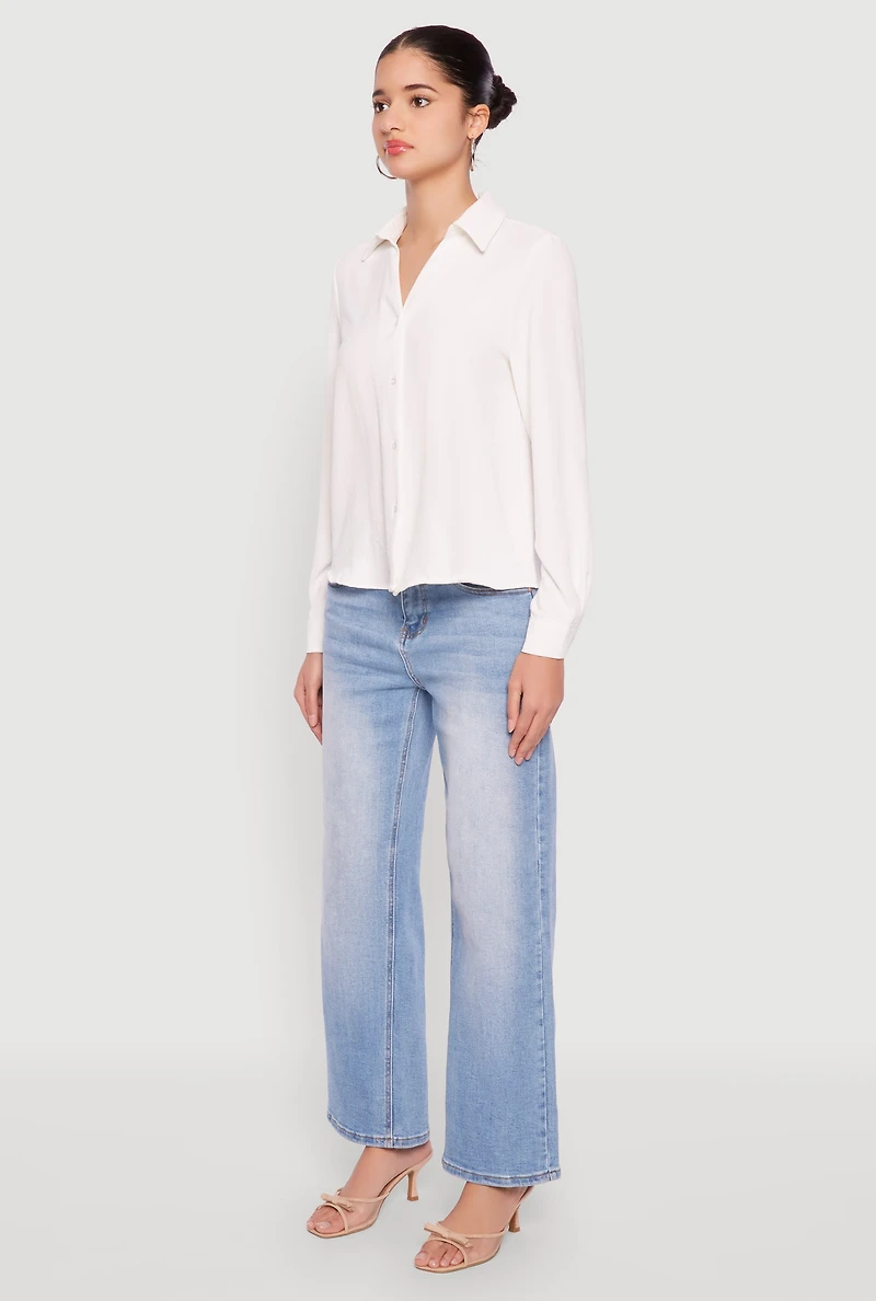 Womens Crepe Knit Button Front Shirt, White, Size S