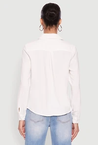 Womens Crepe Knit Button Front Shirt, White, Size M