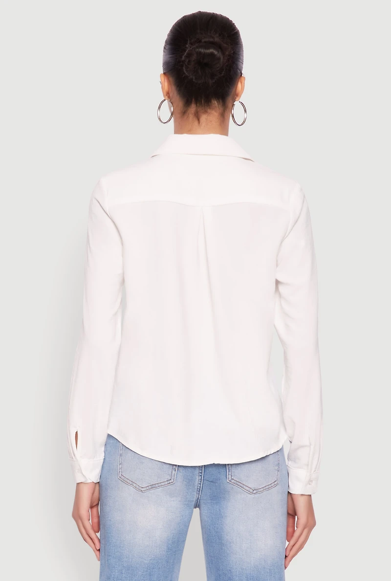 Womens Crepe Knit Button Front Shirt, White,