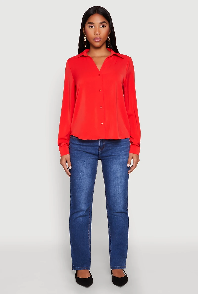 Womens Crepe Knit Button Front Shirt, M