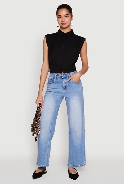 Womens Sleeveless Cropped Button Front Shirt,