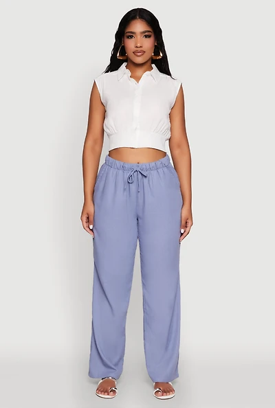 Womens Sleeveless Cropped Button Front Shirt, White, Size M