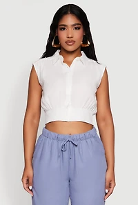 Womens Sleeveless Cropped Button Front Shirt, White, Size M