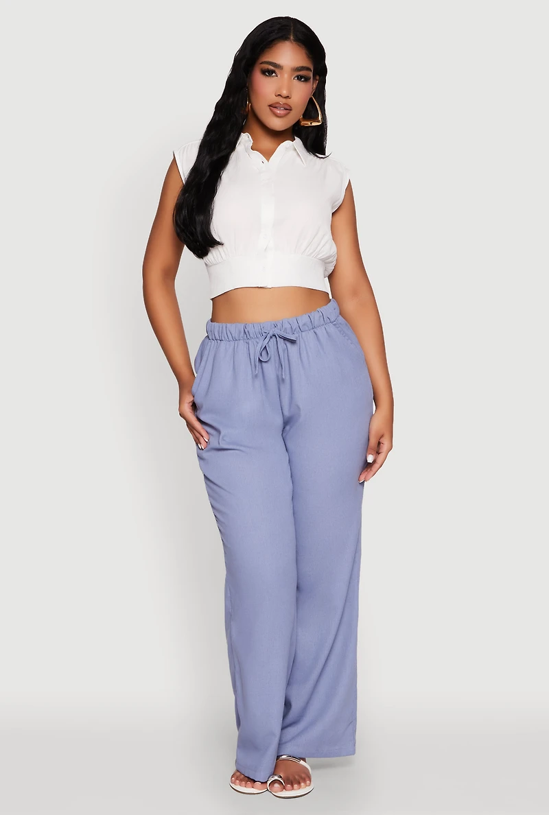 Womens Sleeveless Cropped Button Front Shirt, White, Size M