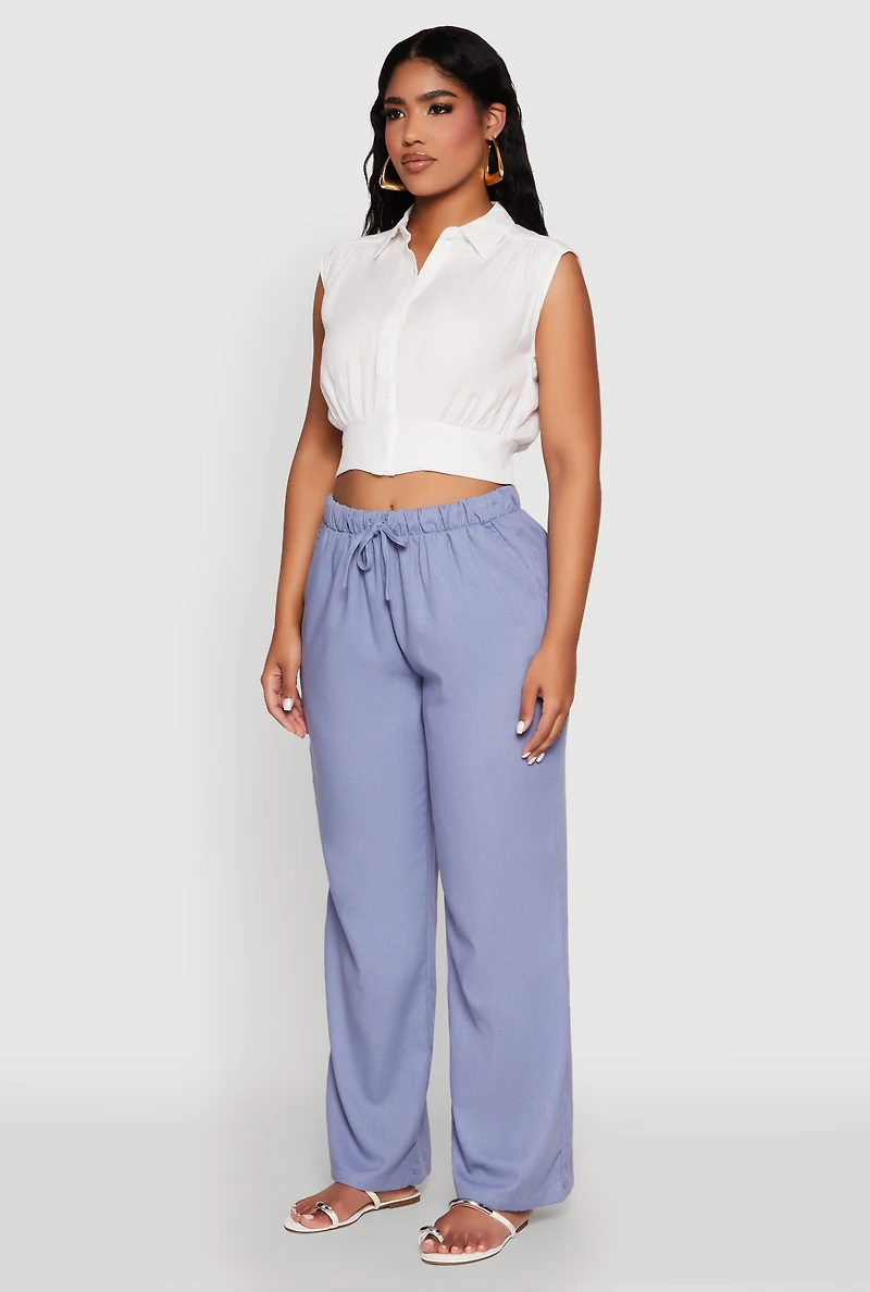 Womens Sleeveless Cropped Button Front Shirt, White, Size M