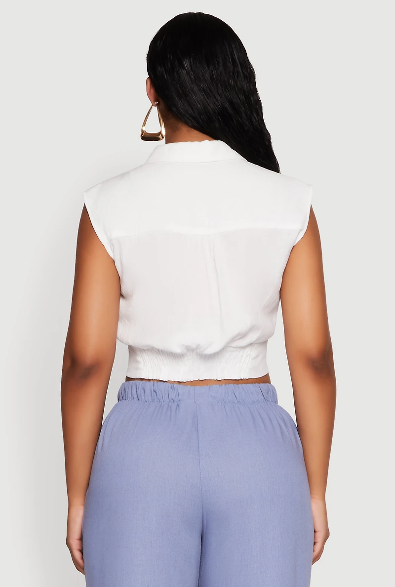 Womens Sleeveless Cropped Button Front Shirt, White, Size M