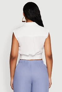 Womens Sleeveless Cropped Button Front Shirt, White, Size M