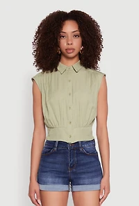 Sleeveless Cropped Button Front Shirt
