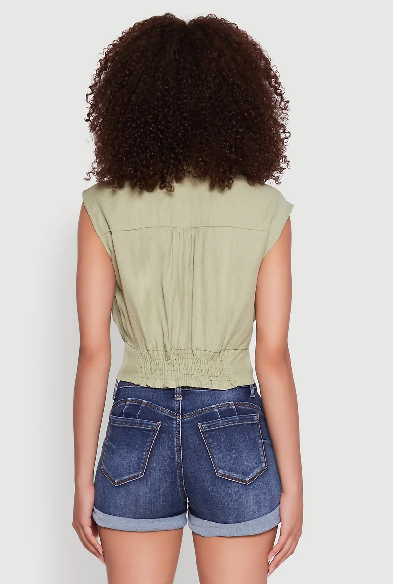 Womens Sleeveless Cropped Button Front Shirt, Green, Size M