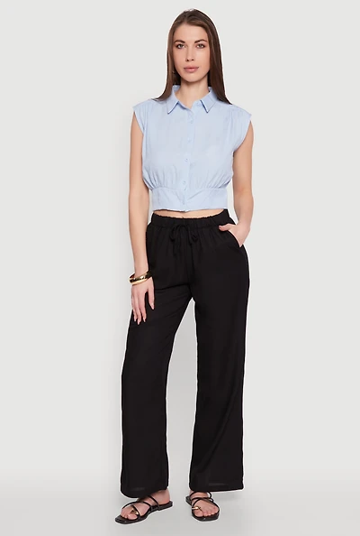 Womens Sleeveless Cropped Button Front Shirt, Blue, Size S