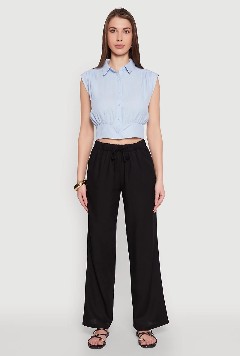 Womens Sleeveless Cropped Button Front Shirt, Blue, Size S