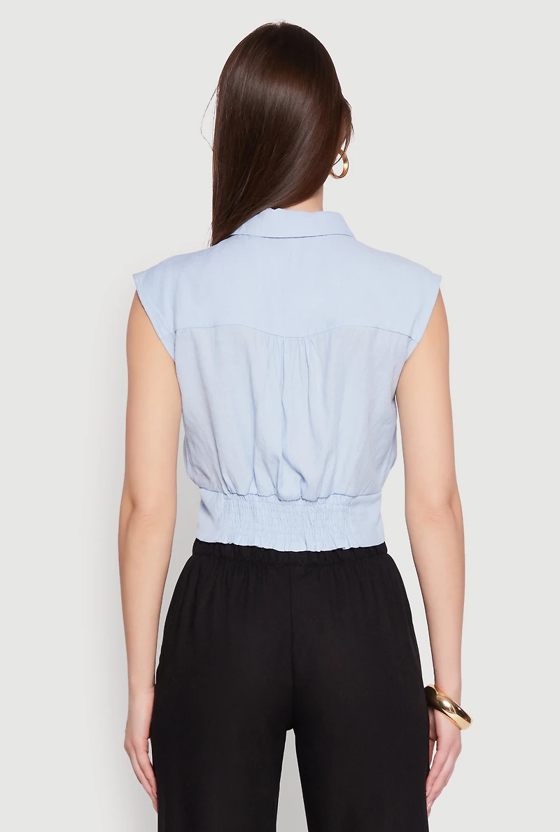 Womens Sleeveless Cropped Button Front Shirt, Blue,
