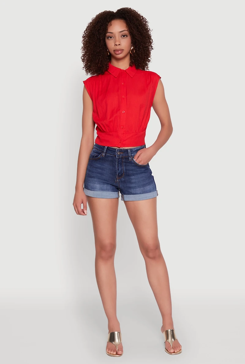 Womens Sleeveless Cropped Button Front Shirt, Red,