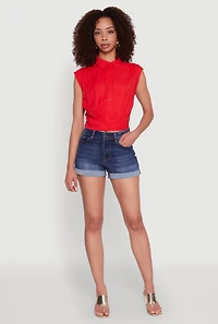 Womens Sleeveless Cropped Button Front Shirt, Red,