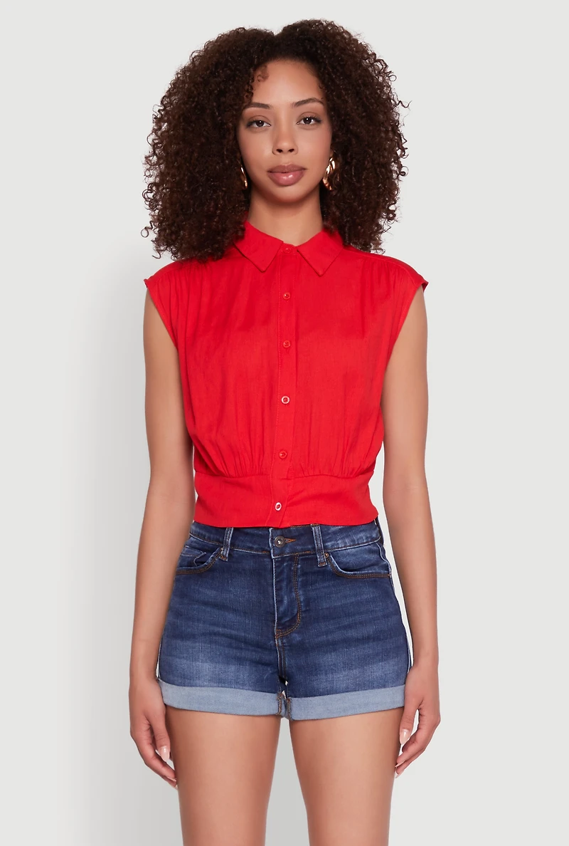 Womens Sleeveless Cropped Button Front Shirt, Red,
