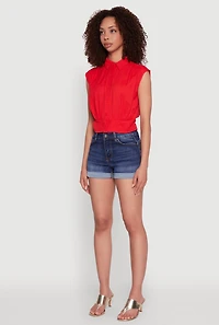 Womens Sleeveless Cropped Button Front Shirt, Red,