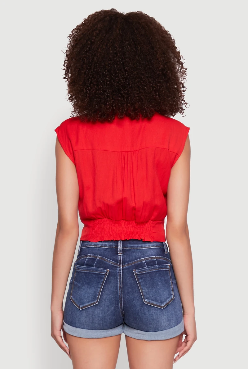 Womens Sleeveless Cropped Button Front Shirt, Red,