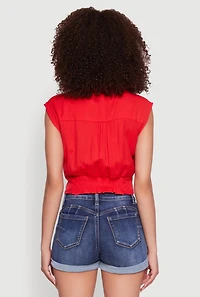 Womens Sleeveless Cropped Button Front Shirt, Red,