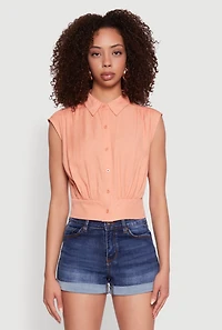 Womens Sleeveless Cropped Button Front Shirt, Orange, Size L