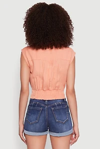 Womens Sleeveless Cropped Button Front Shirt, Orange, Size L