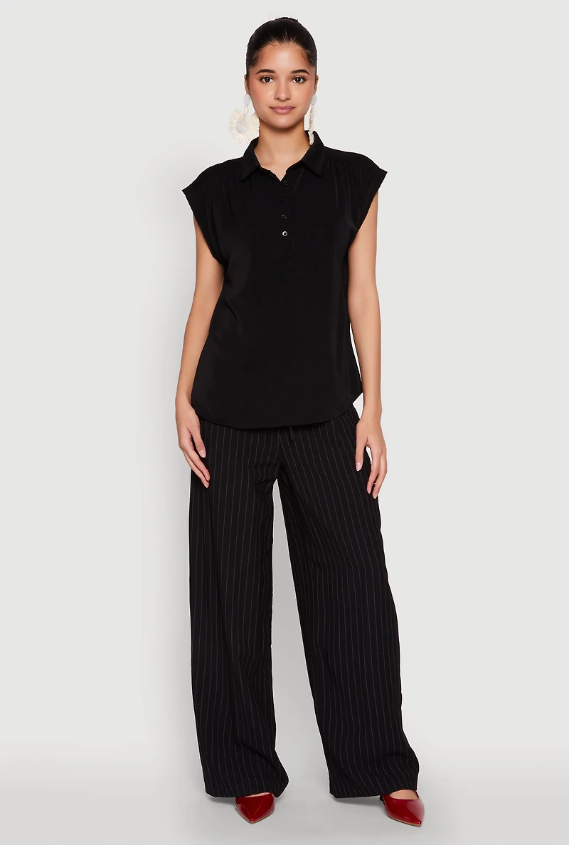 Womens Ruched Cap Sleeve Blouse, Black, Size M