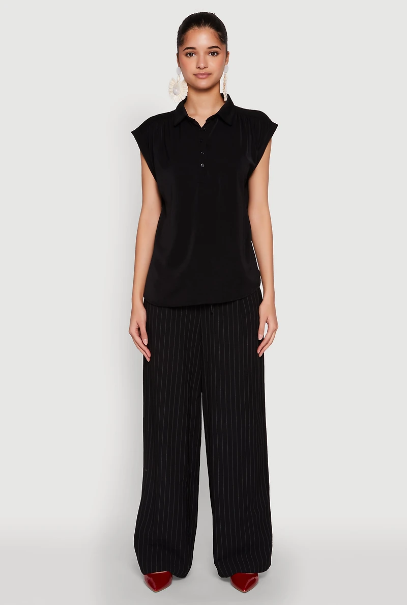 Womens Ruched Cap Sleeve Blouse, Black, Size M