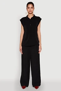 Womens Ruched Cap Sleeve Blouse, Black, Size M
